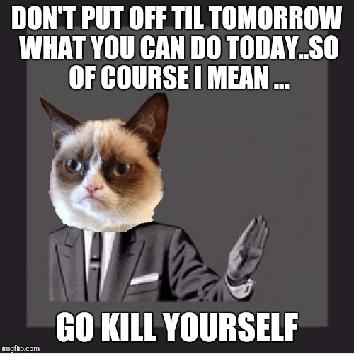 Grumpy cat kill yourself | DON'T PUT OFF TIL TOMORROW WHAT YOU CAN DO TODAY..SO OF COURSE I MEAN ... GO KILL YOURSELF | image tagged in grumpy cat kill yourself | made w/ Imgflip meme maker