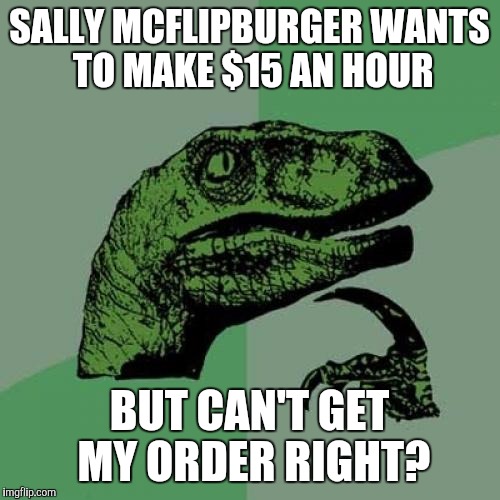 Philosoraptor | SALLY MCFLIPBURGER WANTS TO MAKE $15 AN HOUR BUT CAN'T GET MY ORDER RIGHT? | image tagged in memes,philosoraptor | made w/ Imgflip meme maker
