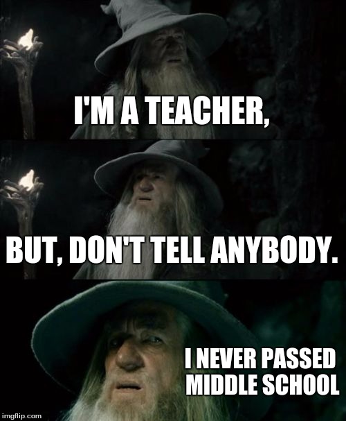 Confused Gandalf Meme | I'M A TEACHER, BUT, DON'T TELL ANYBODY. I NEVER PASSED MIDDLE SCHOOL | image tagged in memes,confused gandalf | made w/ Imgflip meme maker