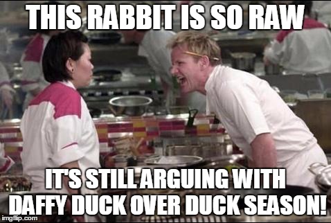 Angry Chef Gordon Ramsay Meme | THIS RABBIT IS SO RAW IT'S STILL ARGUING WITH DAFFY DUCK OVER DUCK SEASON! | image tagged in memes,angry chef gordon ramsay,bugs bunny,daffy duck,looney tunes | made w/ Imgflip meme maker