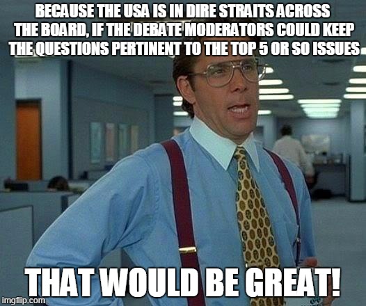 That Would Be Great Meme | BECAUSE THE USA IS IN DIRE STRAITS ACROSS THE BOARD, IF THE DEBATE MODERATORS COULD KEEP THE QUESTIONS PERTINENT TO THE TOP 5 OR SO ISSUES T | image tagged in memes,that would be great | made w/ Imgflip meme maker