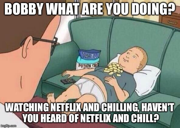 king of the hill | BOBBY WHAT ARE YOU DOING? WATCHING NETFLIX AND CHILLING, HAVEN'T YOU HEARD OF NETFLIX AND CHILL? | image tagged in king of the hill | made w/ Imgflip meme maker