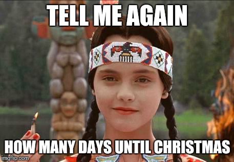 Wednesday Thanksgiving | TELL ME AGAIN HOW MANY DAYS UNTIL CHRISTMAS | image tagged in wednesday thanksgiving | made w/ Imgflip meme maker