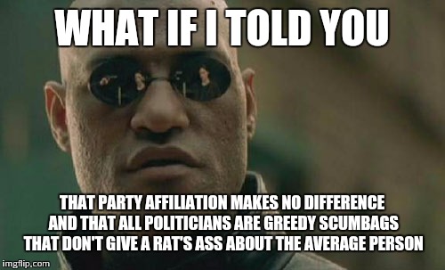 Matrix Morpheus Meme | WHAT IF I TOLD YOU THAT PARTY AFFILIATION MAKES NO DIFFERENCE AND THAT ALL POLITICIANS ARE GREEDY SCUMBAGS THAT DON'T GIVE A RAT'S ASS ABOUT | image tagged in memes,matrix morpheus | made w/ Imgflip meme maker