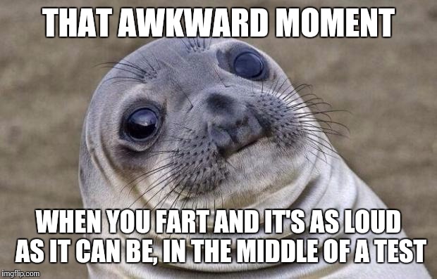 Awkward Moment Sealion | THAT AWKWARD MOMENT WHEN YOU FART AND IT'S AS LOUD AS IT CAN BE, IN THE MIDDLE OF A TEST | image tagged in memes,awkward moment sealion | made w/ Imgflip meme maker