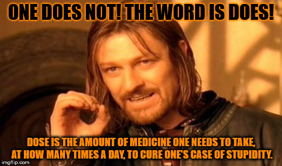 One Does Not Simply | ONE DOES NOT! THE WORD IS DOES! DOSE IS THE AMOUNT OF MEDICINE ONE NEEDS TO TAKE, AT HOW MANY TIMES A DAY, TO CURE ONE'S CASE OF STUPIDITY. | image tagged in memes,one does not simply | made w/ Imgflip meme maker