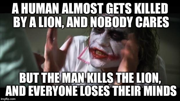 And everybody loses their minds Meme | A HUMAN ALMOST GETS KILLED BY A LION, AND NOBODY CARES BUT THE MAN KILLS THE LION, AND EVERYONE LOSES THEIR MINDS | image tagged in memes,and everybody loses their minds | made w/ Imgflip meme maker