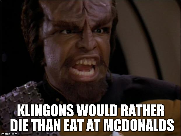 Lt Worf | KLINGONS WOULD RATHER DIE THAN EAT AT MCDONALDS | image tagged in lt worf | made w/ Imgflip meme maker