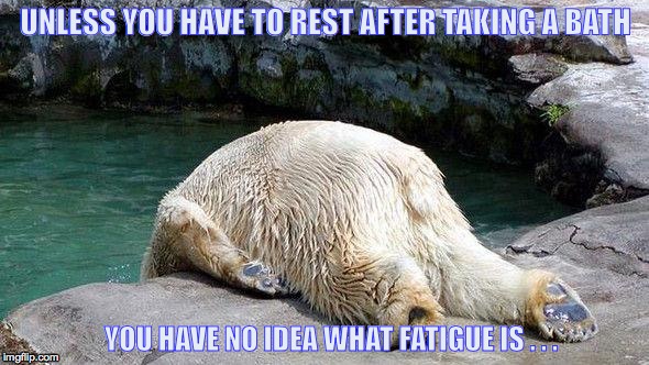 Tired Bear | UNLESS YOU HAVE TO REST AFTER TAKING A BATH YOU HAVE NO IDEA WHAT FATIGUE IS . . . | image tagged in tired bear,fatigue,chronic illness | made w/ Imgflip meme maker