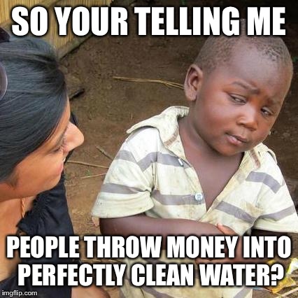 Third World Skeptical Kid Meme | SO YOUR TELLING ME PEOPLE THROW MONEY INTO PERFECTLY CLEAN WATER? | image tagged in memes,third world skeptical kid | made w/ Imgflip meme maker