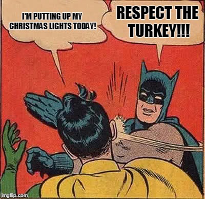 Batman Slapping Robin Meme | I'M PUTTING UP MY CHRISTMAS LIGHTS TODAY! RESPECT THE TURKEY!!! | image tagged in memes,batman slapping robin | made w/ Imgflip meme maker