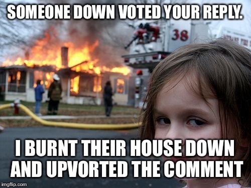 Disaster Girl Meme | SOMEONE DOWN VOTED YOUR REPLY. I BURNT THEIR HOUSE DOWN AND UPVORTED THE COMMENT | image tagged in memes,disaster girl | made w/ Imgflip meme maker