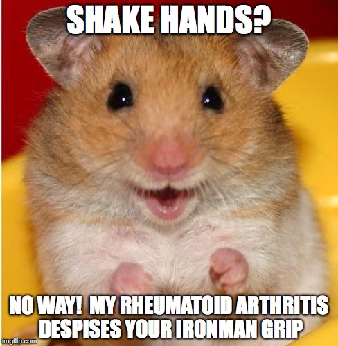 Rheumatoid Hamster | SHAKE HANDS? NO WAY!  MY RHEUMATOID ARTHRITIS DESPISES YOUR IRONMAN GRIP | image tagged in hamster,rheumatoid arthritis,ironman,macho,handshake | made w/ Imgflip meme maker