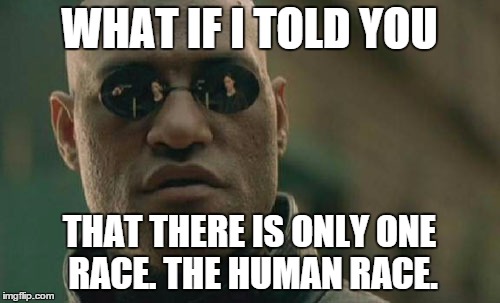 Matrix Morpheus Meme | WHAT IF I TOLD YOU THAT THERE IS ONLY ONE RACE. THE HUMAN RACE. | image tagged in memes,matrix morpheus | made w/ Imgflip meme maker