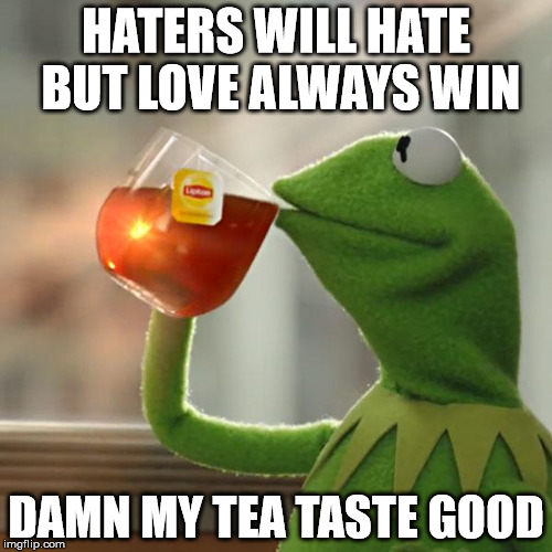 But That's None Of My Business | HATERS WILL HATE BUT LOVE ALWAYS WIN DAMN MY TEA TASTE GOOD | image tagged in memes,but thats none of my business,kermit the frog | made w/ Imgflip meme maker