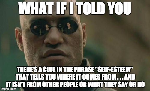 Matrix Morpheus Meme | WHAT IF I TOLD YOU THERE'S A CLUE IN THE PHRASE "SELF-ESTEEM" THAT TELLS YOU WHERE IT COMES FROM . . . AND IT ISN'T FROM OTHER PEOPLE OR WHA | image tagged in memes,matrix morpheus | made w/ Imgflip meme maker