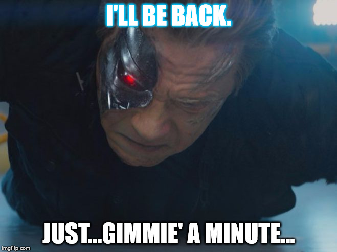 Terminator | I'LL BE BACK. JUST...GIMMIE' A MINUTE... | image tagged in terminator | made w/ Imgflip meme maker