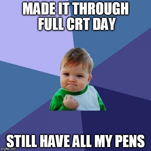 Success Kid Meme | MADE IT THROUGH FULL CRT DAY STILL HAVE ALL MY PENS | image tagged in memes,success kid | made w/ Imgflip meme maker