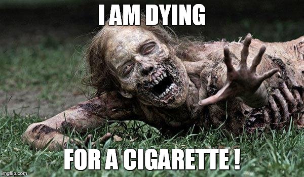 Walking Dead Zombie | I AM DYING FOR A CIGARETTE ! | image tagged in walking dead zombie | made w/ Imgflip meme maker