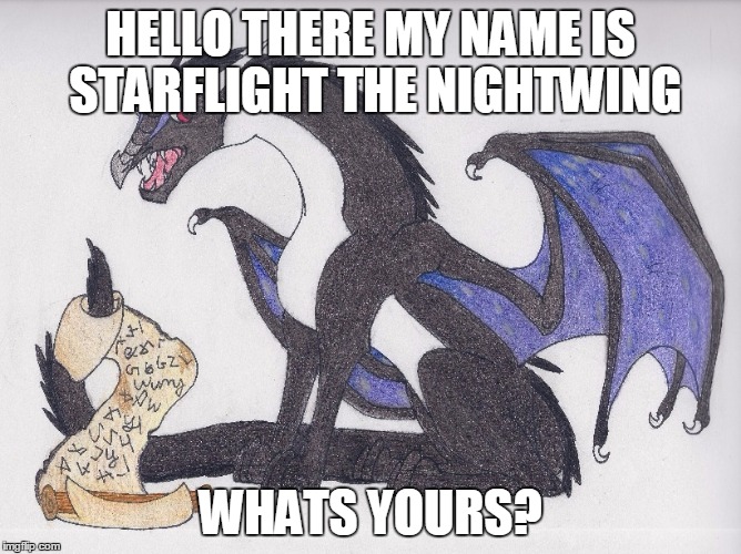 starflight wants to know your name | HELLO THERE MY NAME IS STARFLIGHT THE NIGHTWING WHATS YOURS? | image tagged in starflight reading a scroll better tryin to catch me writin',starflight,starflight the nightwing,wof,wings of fire,name | made w/ Imgflip meme maker