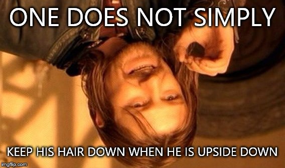 One Does Not Simply | ONE DOES NOT SIMPLY KEEP HIS HAIR DOWN WHEN HE IS UPSIDE DOWN | image tagged in memes,one does not simply | made w/ Imgflip meme maker