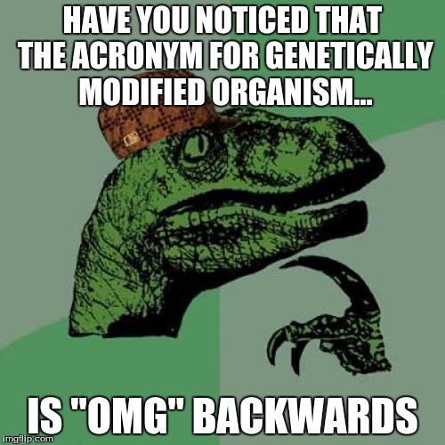 Philosoraptor | HAVE YOU NOTICED THAT THE ACRONYM FOR GENETICALLY MODIFIED ORGANISM... IS "OMG" BACKWARDS | image tagged in memes,philosoraptor,scumbag | made w/ Imgflip meme maker