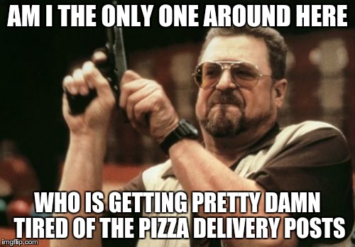 Am I The Only One Around Here Meme | AM I THE ONLY ONE AROUND HERE WHO IS GETTING PRETTY DAMN TIRED OF THE PIZZA DELIVERY POSTS | image tagged in memes,am i the only one around here,AdviceAnimals | made w/ Imgflip meme maker