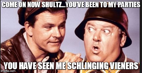 hogan | COME ON NOW SHULTZ...YOU'VE BEEN TO MY PARTIES YOU HAVE SEEN ME SCHLINGING VIENERS | image tagged in hogan | made w/ Imgflip meme maker