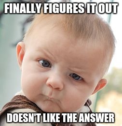 Skeptical Baby | FINALLY FIGURES IT OUT DOESN'T LIKE THE ANSWER | image tagged in memes,skeptical baby | made w/ Imgflip meme maker