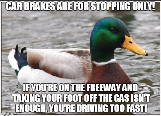 Actual Advice Mallard Meme | CAR BRAKES ARE FOR STOPPING ONLY! IF YOU'RE ON THE FREEWAY AND TAKING YOUR FOOT OFF THE GAS ISN'T ENOUGH, YOU'RE DRIVING TOO FAST! | image tagged in memes,actual advice mallard | made w/ Imgflip meme maker