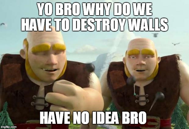 high giants clash of clans | YO BRO WHY DO WE HAVE TO DESTROY WALLS HAVE NO IDEA BRO | image tagged in high giants clash of clans | made w/ Imgflip meme maker