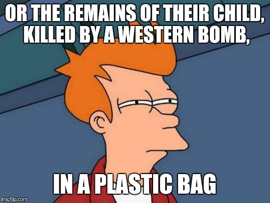 Futurama Fry Meme | OR THE REMAINS OF THEIR CHILD, KILLED BY A WESTERN BOMB, IN A PLASTIC BAG | image tagged in memes,futurama fry | made w/ Imgflip meme maker