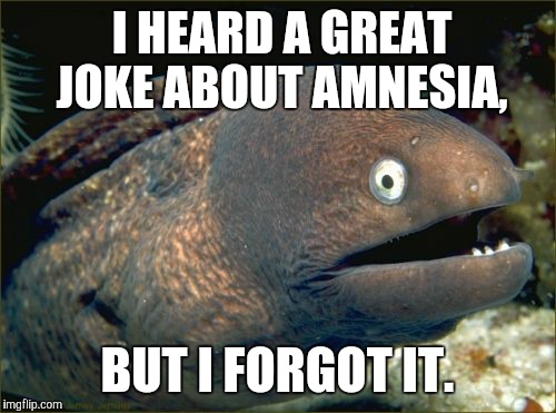 Bad Joke Eel Meme | I HEARD A GREAT JOKE ABOUT AMNESIA, BUT I FORGOT IT. | image tagged in memes,bad joke eel,bad pun,funny | made w/ Imgflip meme maker
