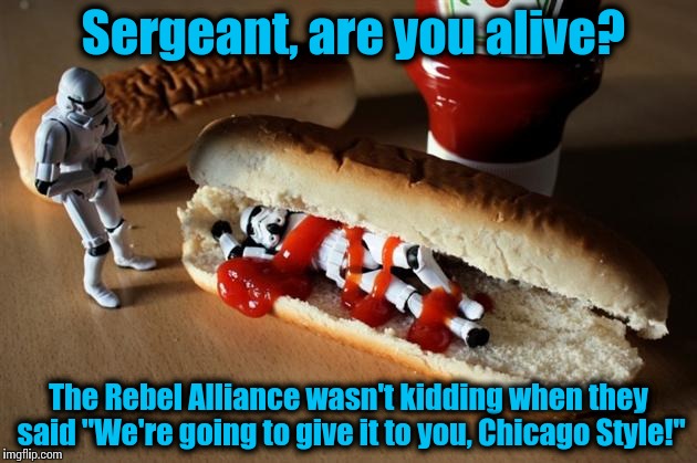 The Empire Strikes Pickles, Relish and Celery Salt........ | Sergeant, are you alive? The Rebel Alliance wasn't kidding when they said "We're going to give it to you, Chicago Style!" | image tagged in stormt 2,memes,funny memes,star wars | made w/ Imgflip meme maker