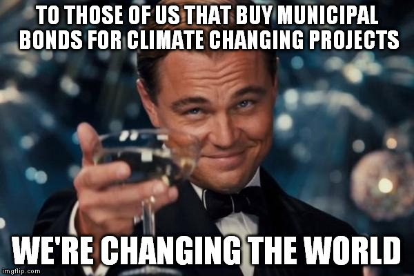 Leonardo Dicaprio Cheers Meme | TO THOSE OF US THAT BUY MUNICIPAL BONDS FOR CLIMATE CHANGING PROJECTS WE'RE CHANGING THE WORLD | image tagged in memes,leonardo dicaprio cheers | made w/ Imgflip meme maker