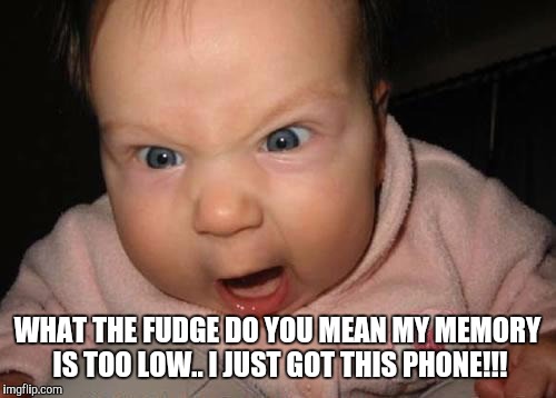 Evil Baby Meme | WHAT THE FUDGE DO YOU MEAN MY MEMORY IS TOO LOW.. I JUST GOT THIS PHONE!!! | image tagged in memes,evil baby | made w/ Imgflip meme maker