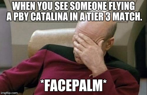 Captain Picard Facepalm Meme | WHEN YOU SEE SOMEONE FLYING A PBY CATALINA IN A TIER 3 MATCH. *FACEPALM* | image tagged in memes,captain picard facepalm | made w/ Imgflip meme maker