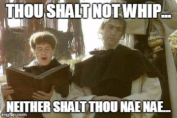 Thou Shalt Not Whip | THOU SHALT NOT WHIP... NEITHER SHALT THOU NAE NAE... | image tagged in monty python,whip and nae nae,move on | made w/ Imgflip meme maker