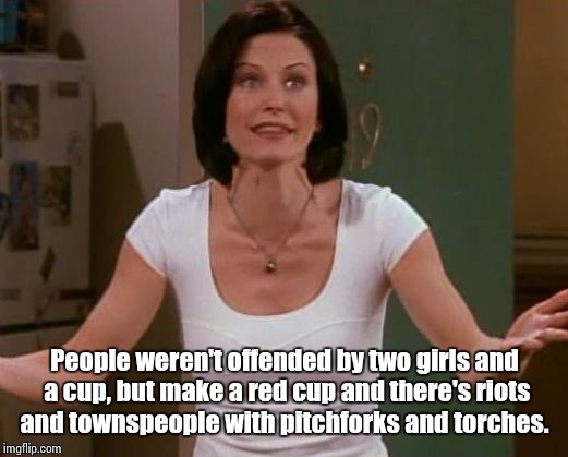 Just because there aren't enough Monica memes  | People weren't offended by two girls and a cup, but make a red cup and there's riots and townspeople with pitchforks and torches. | image tagged in monica friends | made w/ Imgflip meme maker