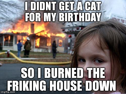 MY 8 YEAR OLD SISTER IS EXPECTING A CAT FOR HER BIRTHDAY
 | I DIDNT GET A CAT FOR MY BIRTHDAY SO I BURNED THE FRIKING HOUSE DOWN | image tagged in memes,disaster girl | made w/ Imgflip meme maker