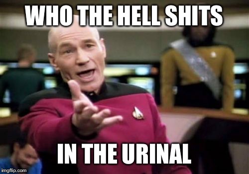 Picard Wtf | WHO THE HELL SHITS IN THE URINAL | image tagged in memes,picard wtf | made w/ Imgflip meme maker