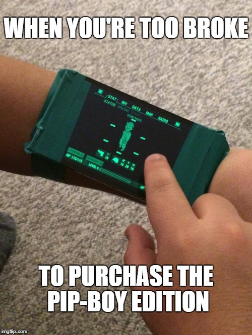 Doesn't matter, felt immersive. | WHEN YOU'RE TOO BROKE TO PURCHASE THE PIP-BOY EDITION | image tagged in funny,fallout 4,fallout vault boy,vault boy approves,fallout,broke | made w/ Imgflip meme maker