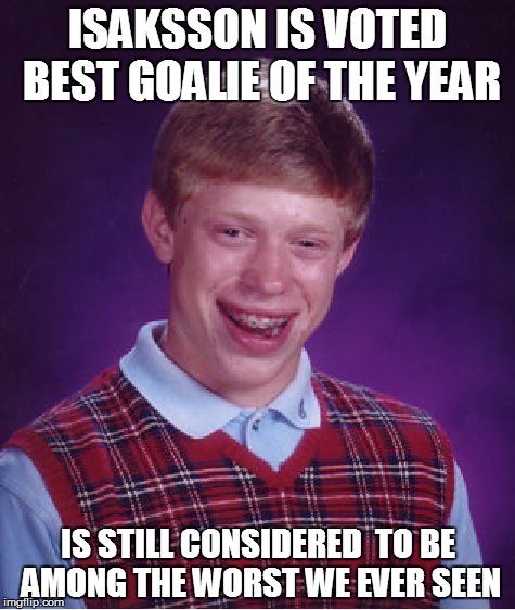 Bad Luck Brian | ISAKSSON IS VOTED BEST GOALIE OF THE YEAR IS STILL CONSIDERED  TO BE AMONG THE WORST WE EVER SEEN | image tagged in memes,bad luck brian | made w/ Imgflip meme maker