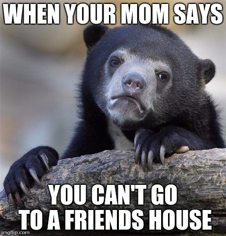 Confession Bear | WHEN YOUR MOM SAYS YOU CAN'T GO TO A FRIENDS HOUSE | image tagged in memes,confession bear | made w/ Imgflip meme maker