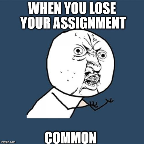 Y U No | WHEN YOU LOSE YOUR ASSIGNMENT COMMON | image tagged in memes,y u no | made w/ Imgflip meme maker