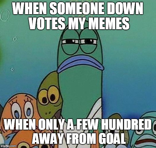 Serious Fish | WHEN SOMEONE DOWN VOTES MY MEMES WHEN ONLY A FEW HUNDRED AWAY FROM GOAL | image tagged in serious fish | made w/ Imgflip meme maker