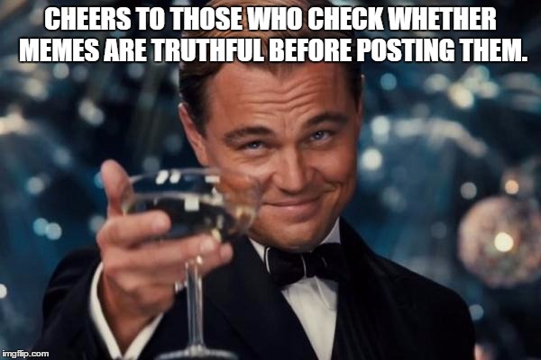 Leonardo Dicaprio Cheers | CHEERS TO THOSE WHO CHECK WHETHER MEMES ARE TRUTHFUL BEFORE POSTING THEM. | image tagged in memes,leonardo dicaprio cheers | made w/ Imgflip meme maker