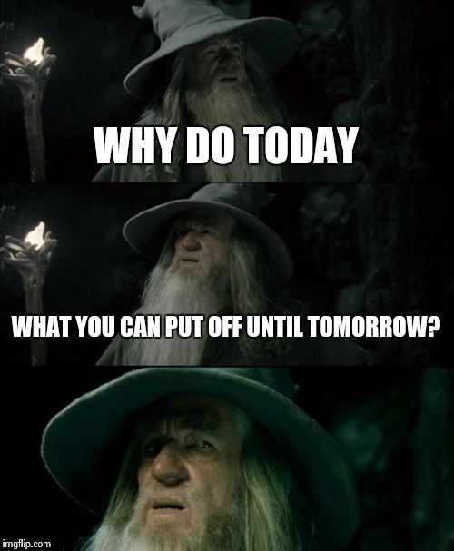 Confused Gandalf Meme | WHY DO TODAY WHAT YOU CAN PUT OFF UNTIL TOMORROW? | image tagged in memes,confused gandalf | made w/ Imgflip meme maker
