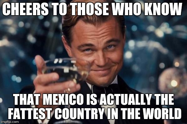 Leonardo Dicaprio Cheers Meme | CHEERS TO THOSE WHO KNOW THAT MEXICO IS ACTUALLY THE FATTEST COUNTRY IN THE WORLD | image tagged in memes,leonardo dicaprio cheers | made w/ Imgflip meme maker