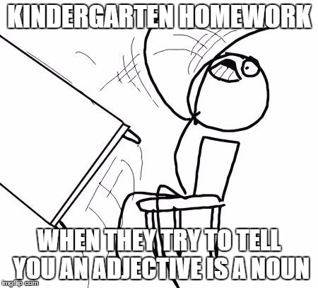 Table Flip Guy | KINDERGARTEN HOMEWORK WHEN THEY TRY TO TELL YOU AN ADJECTIVE IS A NOUN | image tagged in memes,table flip guy | made w/ Imgflip meme maker